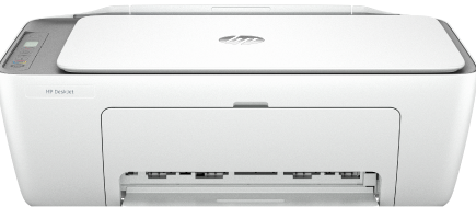 Białe urządzenie wielofunkcyjne z logo HP na górze i napisem \'HP DeskJet\' na przodzie. Posiada otwór na papier z przodu oraz panel sterowania z przyciskami i diodami.