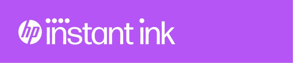 Logo HP z napisem \'instant ink\' na fioletowym tle.