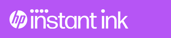 Logo HP z napisem \'instant ink\' na fioletowym tle.
