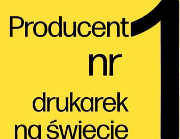 Na żółtym tle znajduje się czarny tekst: \'Producent nr 1 drukarek na świecie\'.