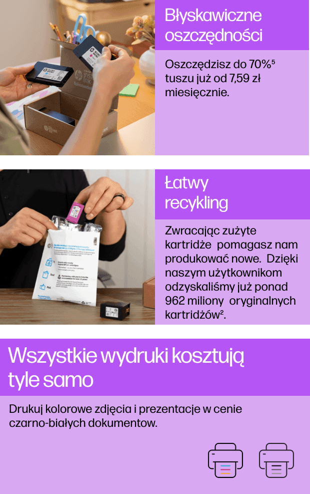 Obraz przedstawia trzy sekcje z tekstem promującym oszczędności i recykling związane z drukarkami. Teksty to: \'Błyskawiczne oszczędności Oszczędzisz do 70% tuszu już od 7,59 zł miesięcznie.\', \'Łatwy recykling Zwracając zużyte kartridże pomagasz nam produkować nowe. Dzięki naszym użytkownikom odzyskaliśmy już ponad 962 miliony oryginalnych kartridżów.\', \'Wszystkie wydruki kosztują tyle samo Drukuj kolorowe zdjęcia i prezentacje w cenie czarno-białych dokumentów.\'