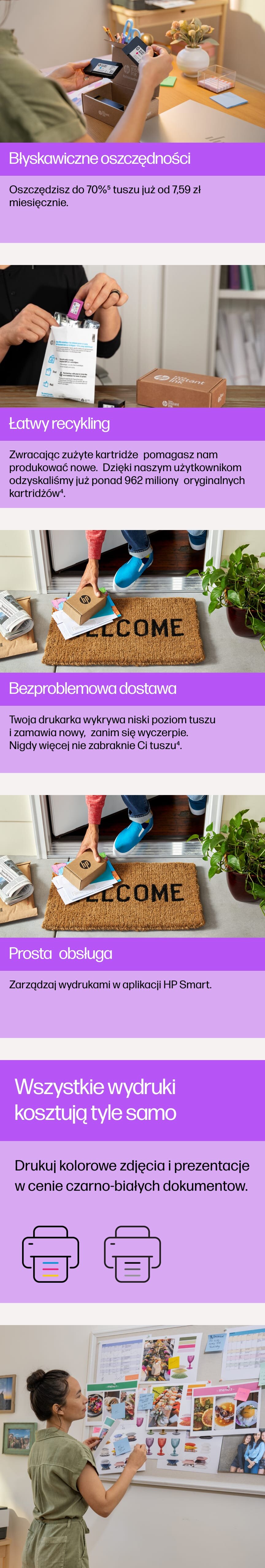 Seria zdjęć przedstawiających proces zamawiania i odbioru tuszu do drukarki, z tekstami: \'Błyskawiczne oszczędności\', \'Łatwy recykling\', \'Bezproblemowa dostawa\', \'Prosta obsługa\', oraz \'Wszystkie wydruki kosztują tyle samo\'. Na jednym ze zdjęć osoba przypina zdjęcia na tablicy korkowej.