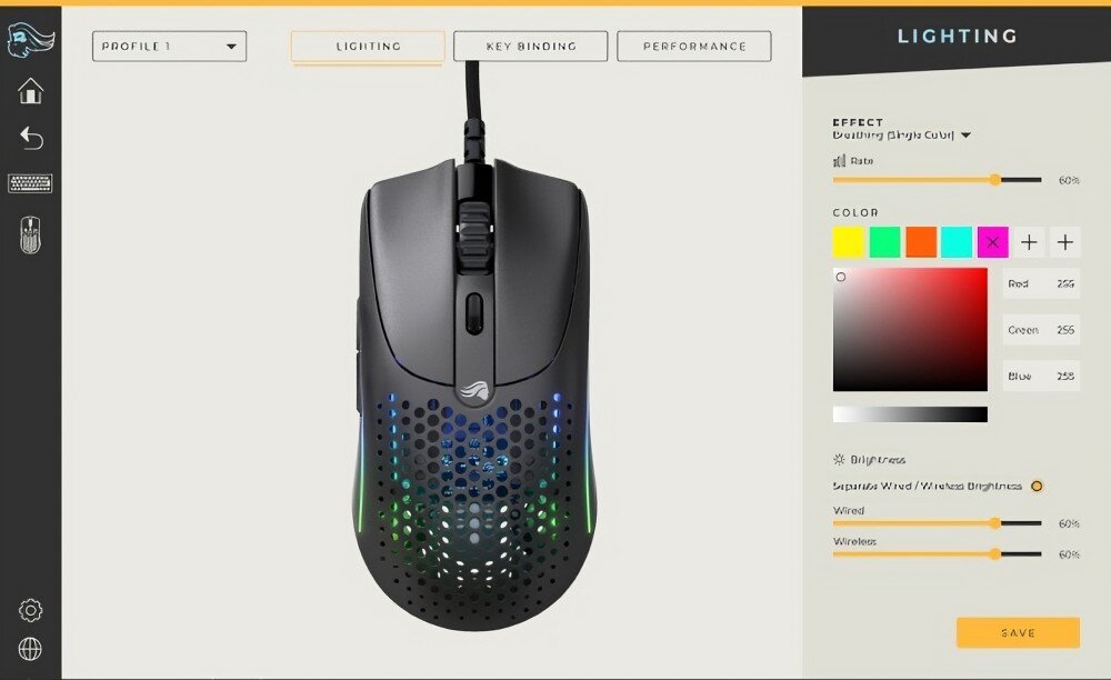 Na obrazie widoczna jest czarna mysz komputerowa z podświetleniem RGB, umieszczona na ekranie oprogramowania do konfiguracji. Po prawej stronie ekranu znajdują się opcje ustawień oświetlenia, w tym wybór koloru i efektów.