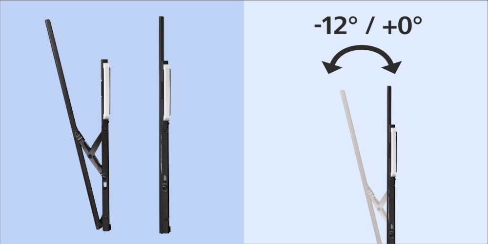 Obraz przedstawia uchwyt do telewizora w dwóch pozycjach: pionowej i pochylonej. Widoczny jest zakres regulacji kąta nachylenia od -12° do +0°.