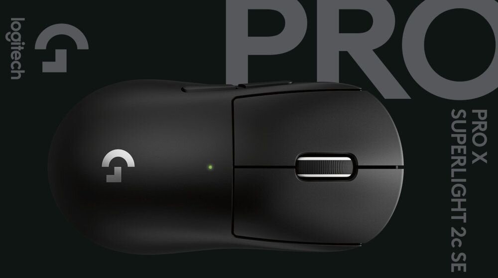 Czarna mysz komputerowa z logo \'logitech\' i literą \'G\' na obudowie. Obok widoczny jest tekst \'PRO X SUPERLIGHT 2C SE\'.