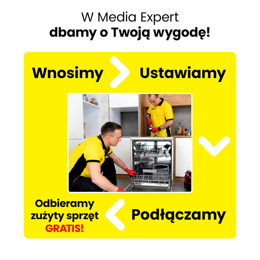 Na obrazie widoczni są dwaj mężczyźni w żółtych koszulkach montujący zmywarkę w kuchni. Tekst: \'W Media Expert dbamy o Twoją wygodę! Wnosimy > Ustawiamy > Podłączamy Odbieramy zużyty sprzęt GRATIS!\'.