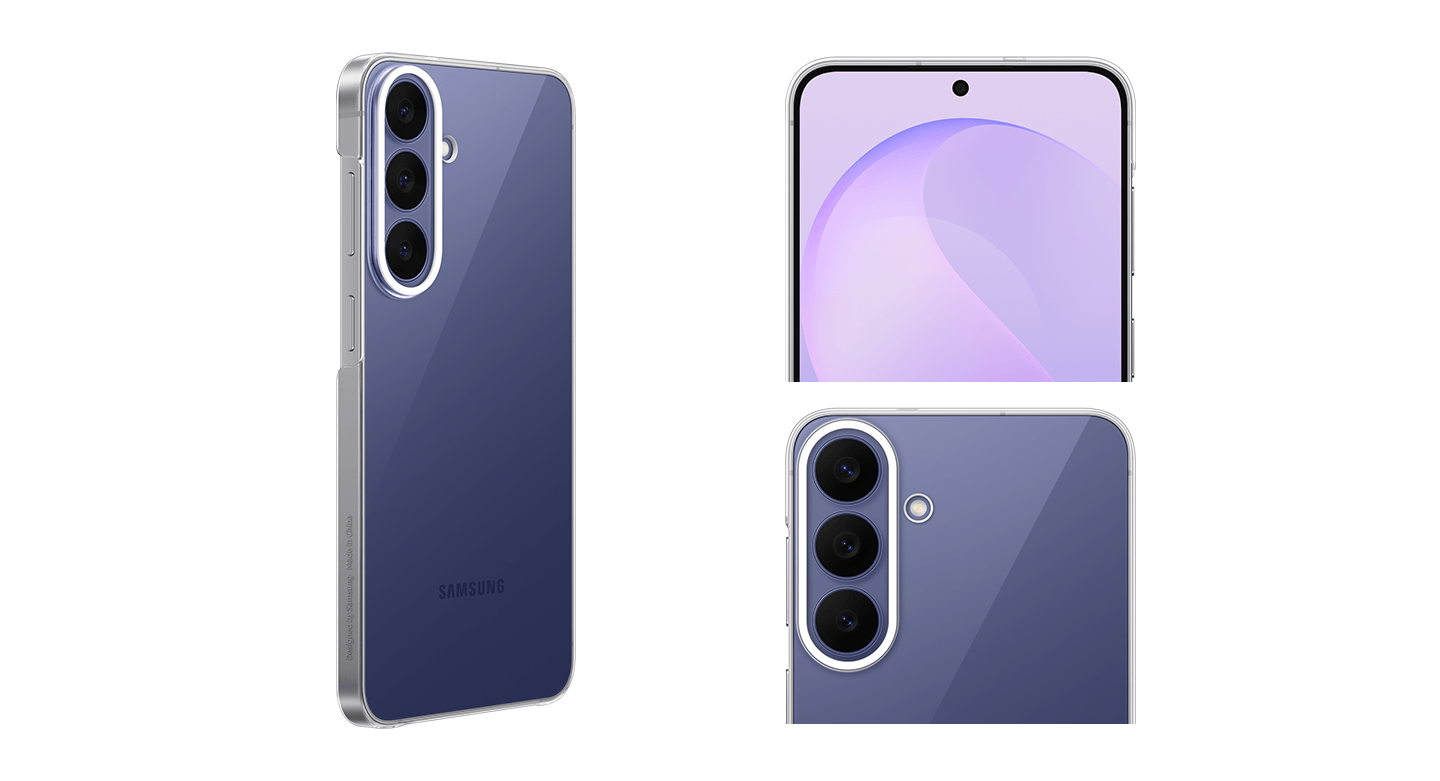 Przezroczyste etui do Galaxy S26 FE nałożone na smartfon, pokazane z różnych perspektyw. Na obrazie widoczny jest smartfon z trzema aparatami z tyłu i ekranem z okrągłym wycięciem na kamerę z przodu. Obudowa telefonu jest przezroczysta, a na tylnej części widnieje napis \'SAMSUNG\'.