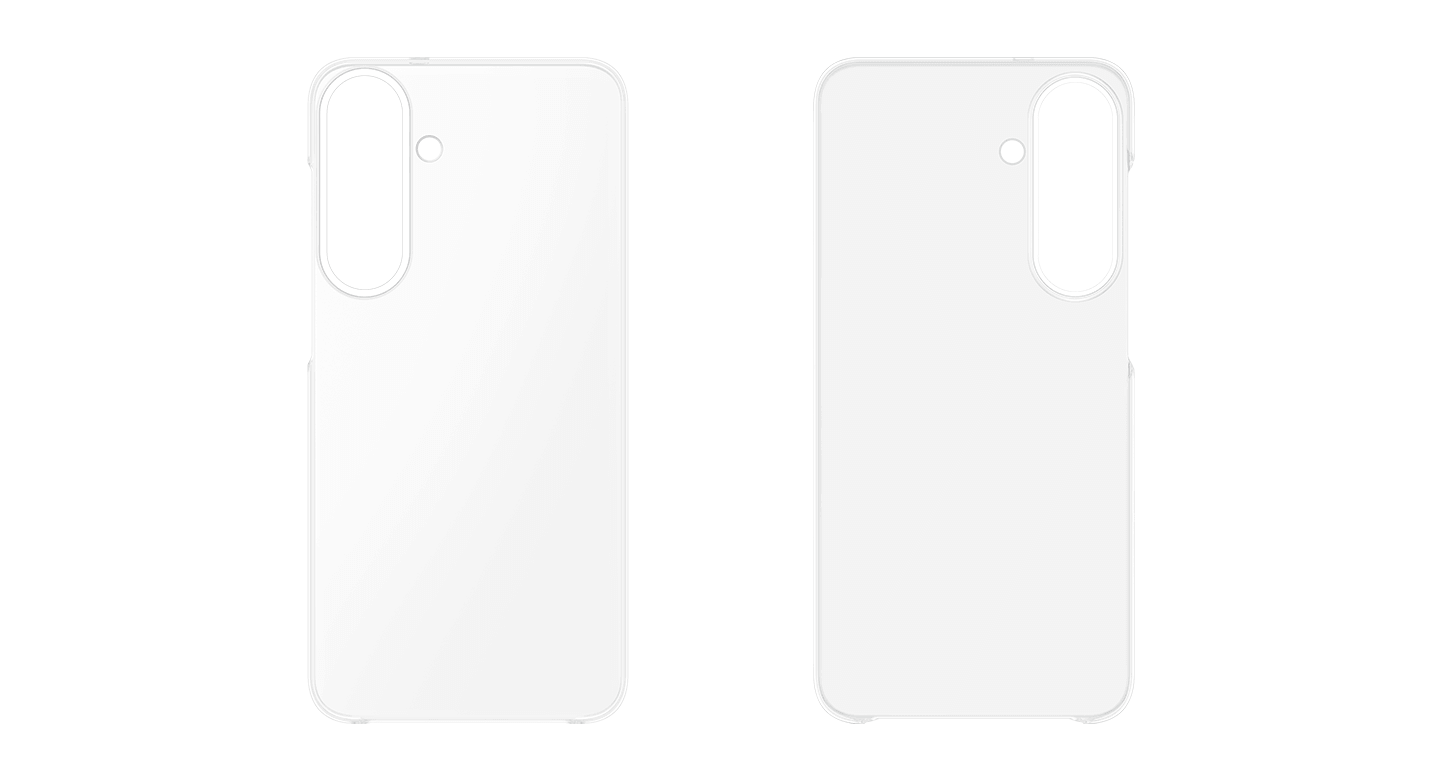 Przezroczyste etui do Galaxy S26 FE prezentowane z dwóch stron. Dwa przezroczyste etui na telefon z wycięciami na aparat i inne elementy, widoczne z przodu i z tyłu.