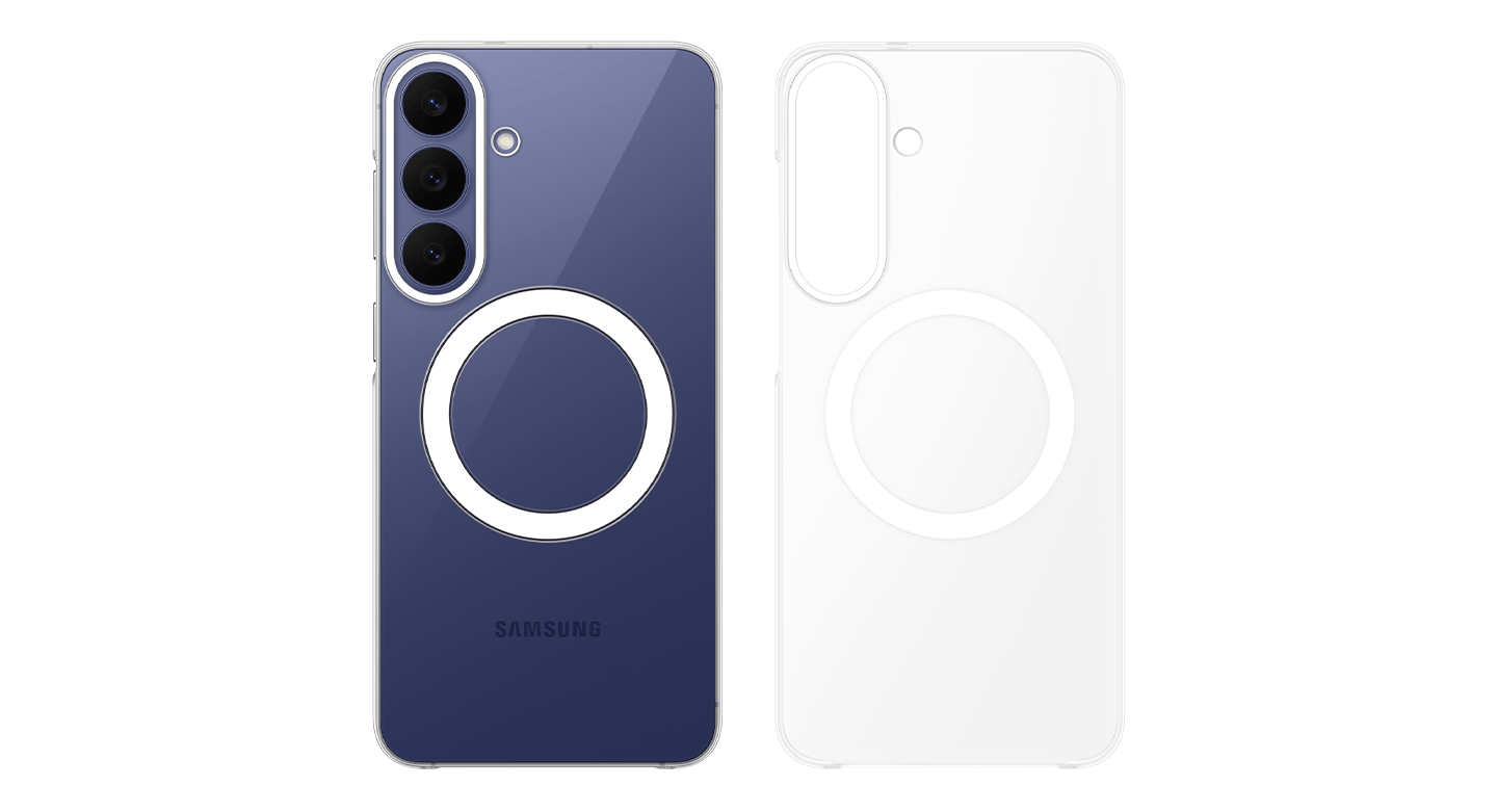Przezroczyste etui nałożone na Galaxy S26 FE oraz samo etui prezentowane obok. Dwa przezroczyste etui na telefon z widocznym okrągłym wzorem na środku. Na jednym z etui widnieje napis \'SAMSUNG\'.