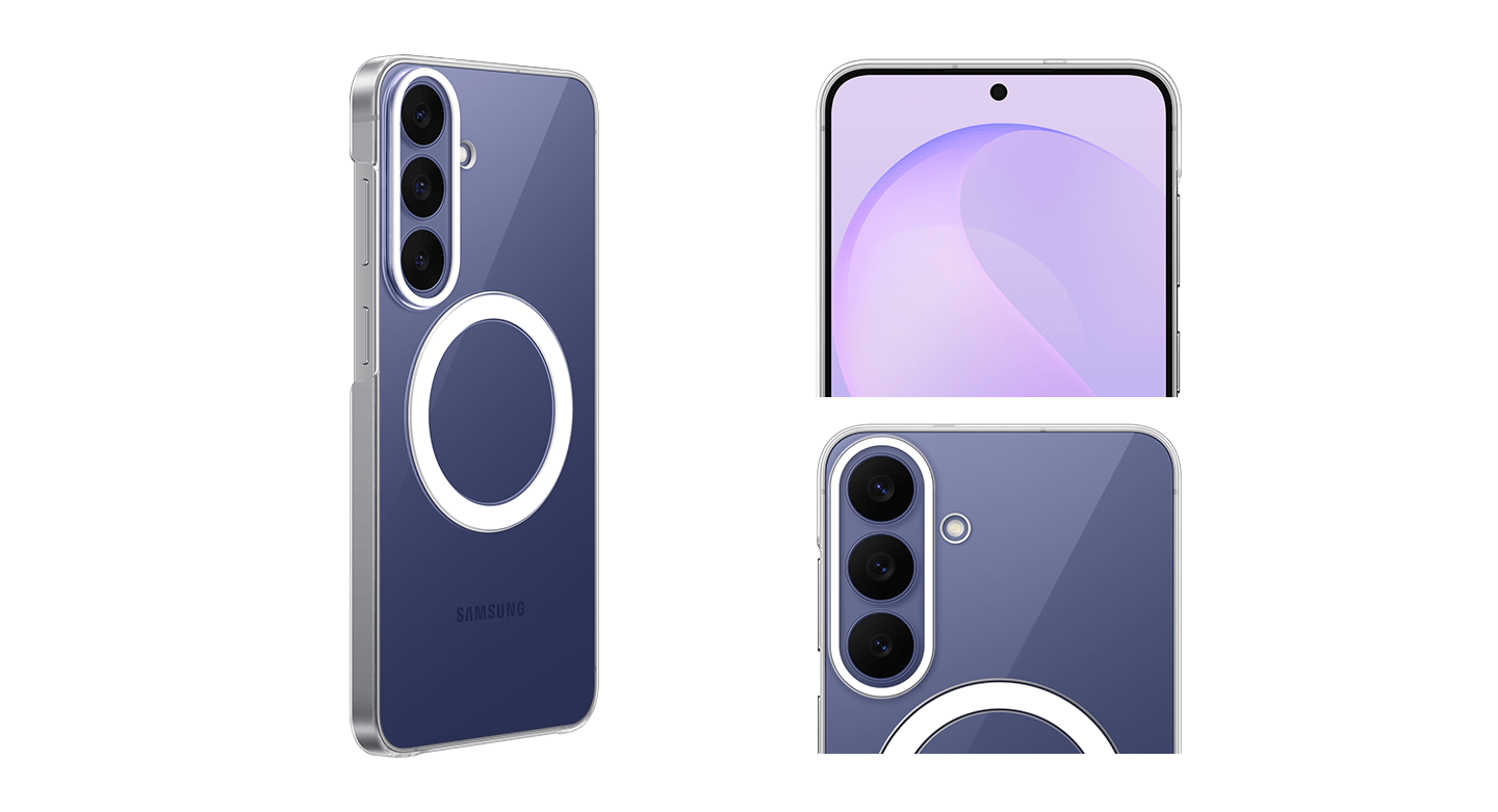 Przezroczyste etui do Galaxy S26 FE nałożone na smartfon, pokazane z różnych perspektyw. Obraz przedstawia przezroczyste etui na telefon z widocznym okrągłym wzorem i trzema aparatami. Na etui znajduje się napis \'SAMSUNG\'.