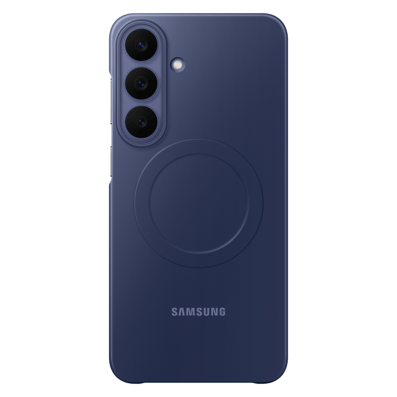 Etui do Galaxy S26 FE w kolorze granatowym Czarne etui na telefon z trzema otworami na aparaty i logo \'SAMSUNG\' na dole. Na środku widoczny jest okrągły wzór.