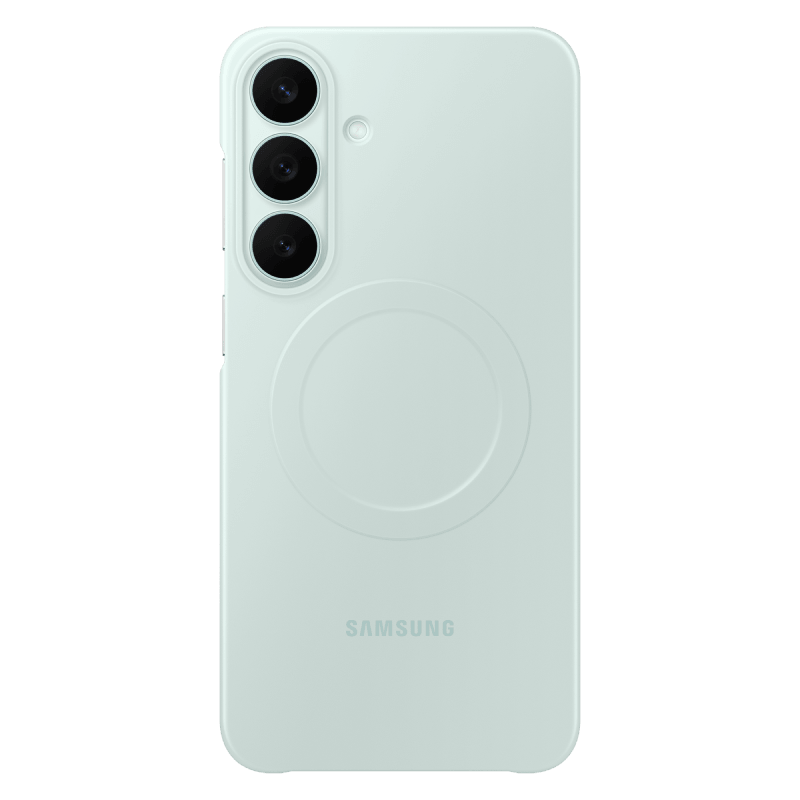Etui do Galaxy S26 FE w kolorze jasnozielonym Obraz przedstawia tył jasnego etui na telefon z trzema otworami na aparaty i napisem \'SAMSUNG\'.