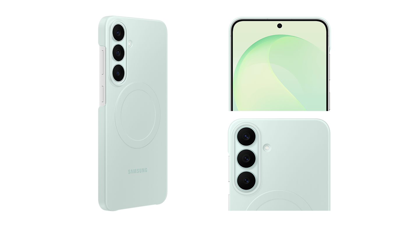 Jasnozielone etui do Galaxy S26 FE pokazane z przodu, tyłu i nałożone na smartfon. Obraz przedstawia jasne etui na telefon z trzema otworami na aparaty fotograficzne oraz logo \'SAMSUNG\'. Obok widoczny jest telefon z zielonym ekranem startowym.