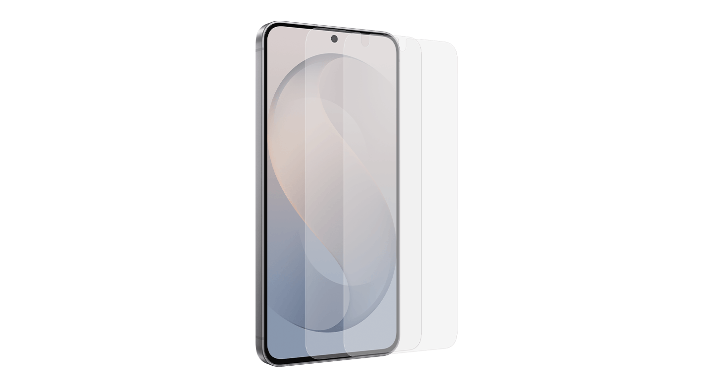 Antyrefleksyjna ochrona ekranu Galaxy S26 FE prezentowana na smartfon. Obraz przedstawia smartfon z nałożoną przezroczystą folią ochronną na ekranie. Folia jest lekko uniesiona, co sugeruje jej funkcję ochronną.