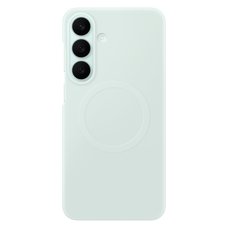 Silicone Magnet Case w kolorze jasnozielonym. Jasne etui na telefon z trzema otworami na aparaty i okrągłym wzorem na środku. Etui ma gładką powierzchnię i jest przeznaczone do smartfona.