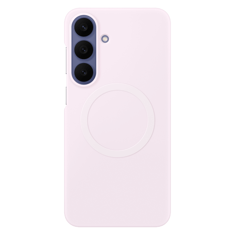 Silicone Magnet Case w kolorze różowym. Obraz przedstawia różowe etui na telefon z trzema otworami na aparaty i okrągłym wzorem na środku. Etui ma gładką powierzchnię i jest przeznaczone do smartfona z trzema obiektywami aparatu.