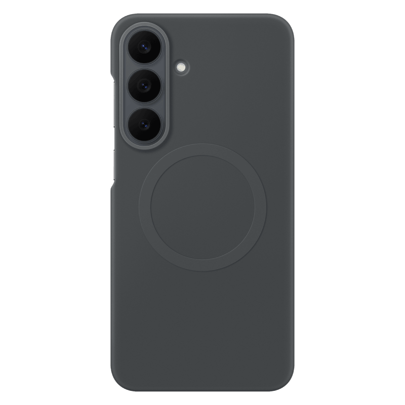 Silicone Magnet Case w kolorze czarnym. Czarne etui na telefon z trzema otworami na aparaty i jednym na lampę błyskową. Na środku widoczny jest okrągły wzór.