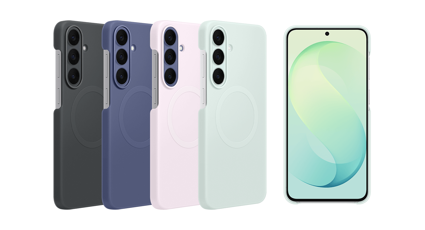 Etui dla Galaxy S26 FE w kolorach czarnym, granatowym, różowym i jasnozielonym. Na obrazie widoczne są cztery etui w różnych kolorach: czarnym, niebieskim, różowym i miętowym, każde z trzema otworami na aparaty. Obok znajduje się smartfon z wyświetlaczem pokazującym abstrakcyjny wzór w odcieniach zieleni.