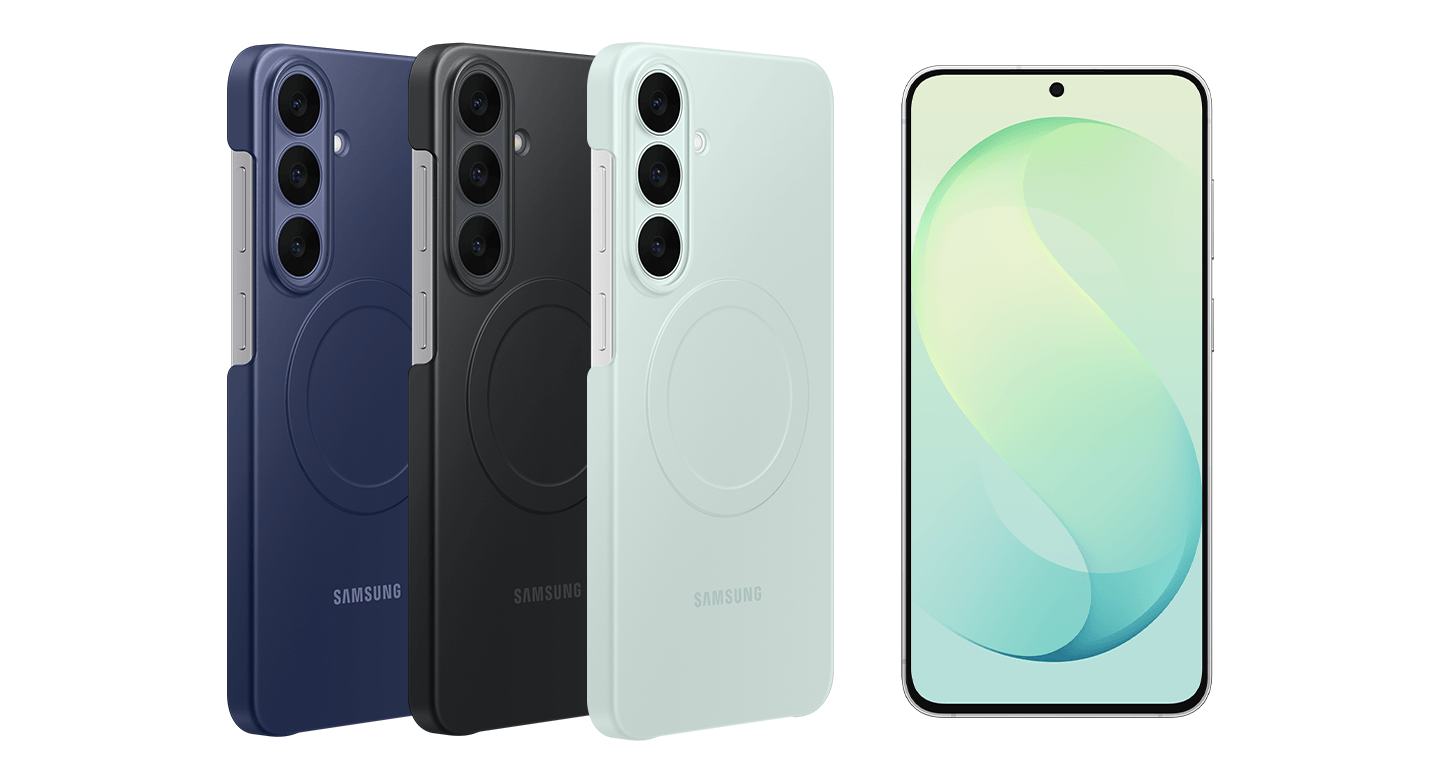 Trzy etui na telefon w kolorach granatowym, czarnym i jasnoniebieskim z widocznym logo Samsung oraz smartfon z wyświetlaczem pokazującym zielono-niebieską grafikę.