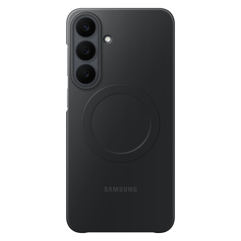 Czarne etui na telefon z trzema otworami na aparaty fotograficzne i okrągłym wzorem na środku. Widoczne logo: SAMSUNG.