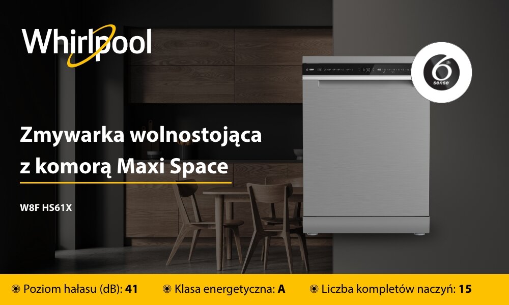 Obraz przedstawia zmywarkę wolnostojącą z komorą Maxi Space marki Whirlpool, model W8F HS61X. Na dole widoczne są informacje: Poziom hałasu (dB): 41, Klasa energetyczna: A, Liczba kompletów naczyń: 15.