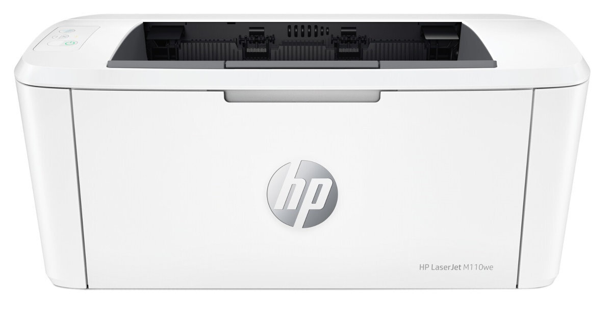 Biała drukarka z widocznym logo \'hp\' na przednim panelu oraz napisem \'HP LaserJet M110we\'.