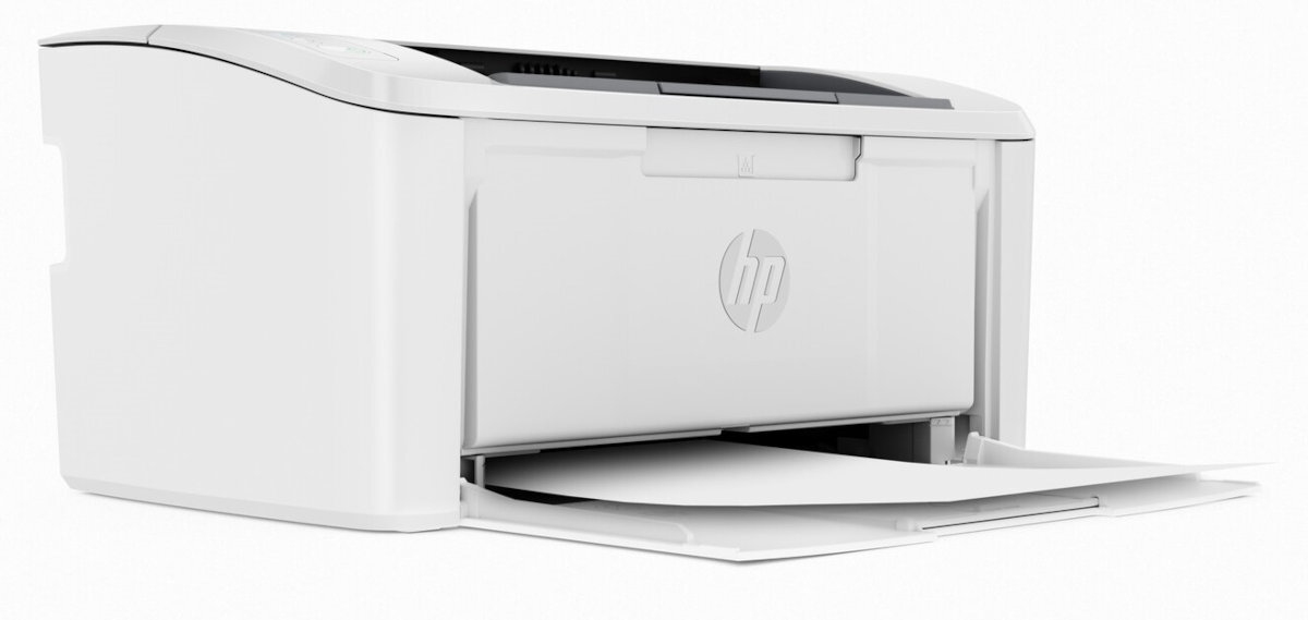 Biała drukarka z widocznym logo HP na przednim panelu, z otwartą tacą na papier.