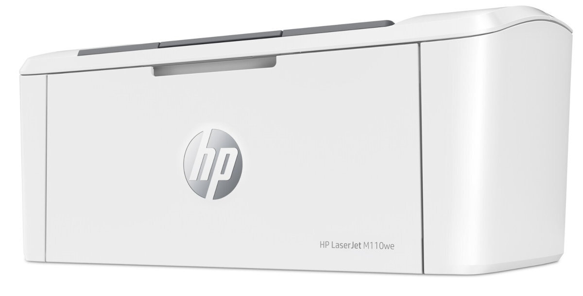 Biała drukarka z widocznym logo \'hp\' na przednim panelu oraz napisem \'HP LaserJet M110we\'.