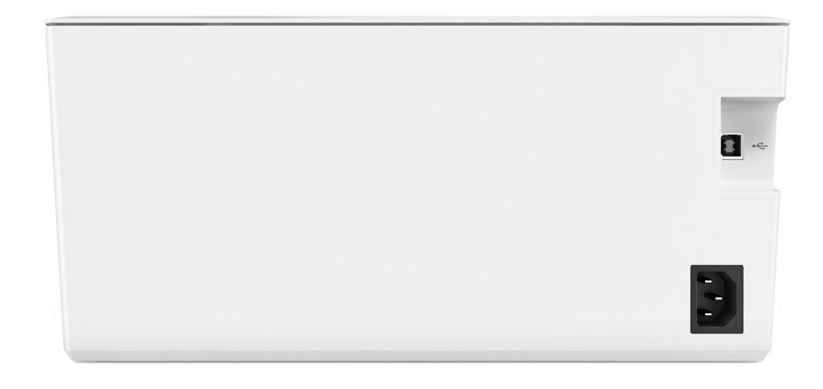 Biała obudowa urządzenia z widocznymi portami: USB i zasilania.
