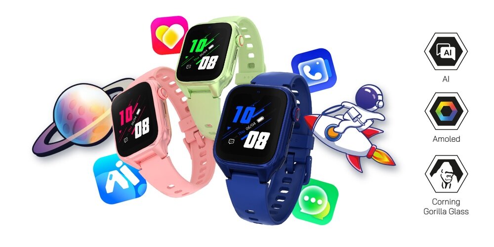 Trzy smartwatche w kolorach różowym, zielonym i granatowym z wyświetlaczami pokazującymi godzinę 10:08. Obok znajdują się ikony i symbole, takie jak AI, Amoled i Corning Gorilla Glass.