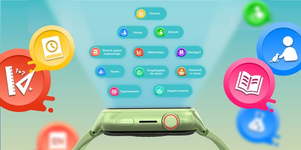 Obraz przedstawia zielony smartwatch z czerwonym przyciskiem, wokół którego unoszą się kolorowe ikony z napisami: Historia, Zoolog, Botanik, Słownik języka angielskiego, Matematyka, Dlaczego?, Nauka, Encyklopedia dla dzieci, Pomocnik w nauce, Wymarzonowie, Augustin polaris. Tło jest gradientowe, przechodzące od zieleni do błękitu.