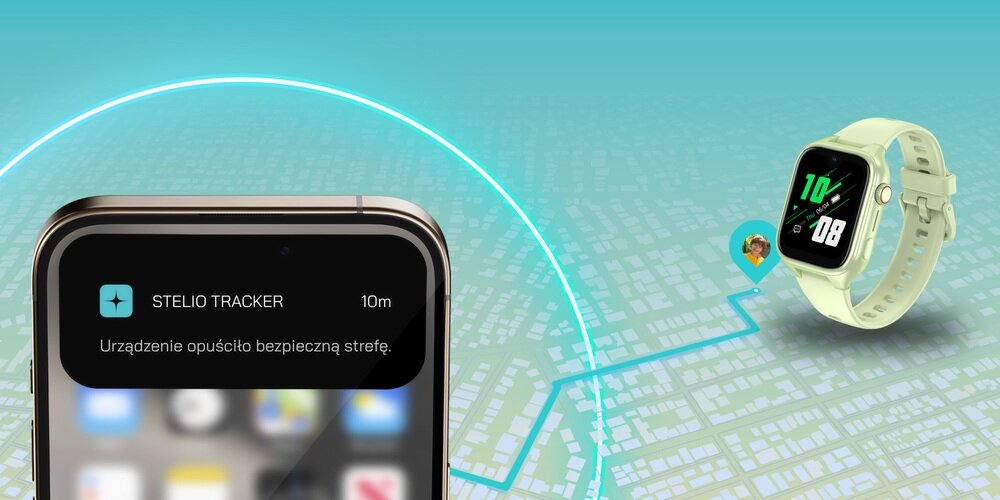 Obraz przedstawia ekran smartfona z powiadomieniem \'STELIO TRACKER 10m Urządzenie opuściło bezpieczną strefę\' oraz smartwatch z zielonym paskiem na tle mapy.