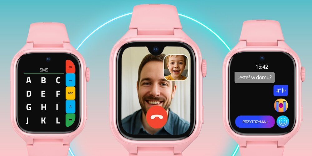 Trzy różowe smartwatche z różnymi ekranami: pierwszy z klawiaturą alfabetyczną, drugi z wideorozmową, trzeci z wiadomością tekstową \'Jesteś w domu?\' i przyciskiem \'PRZYTRZYMAJ\'.