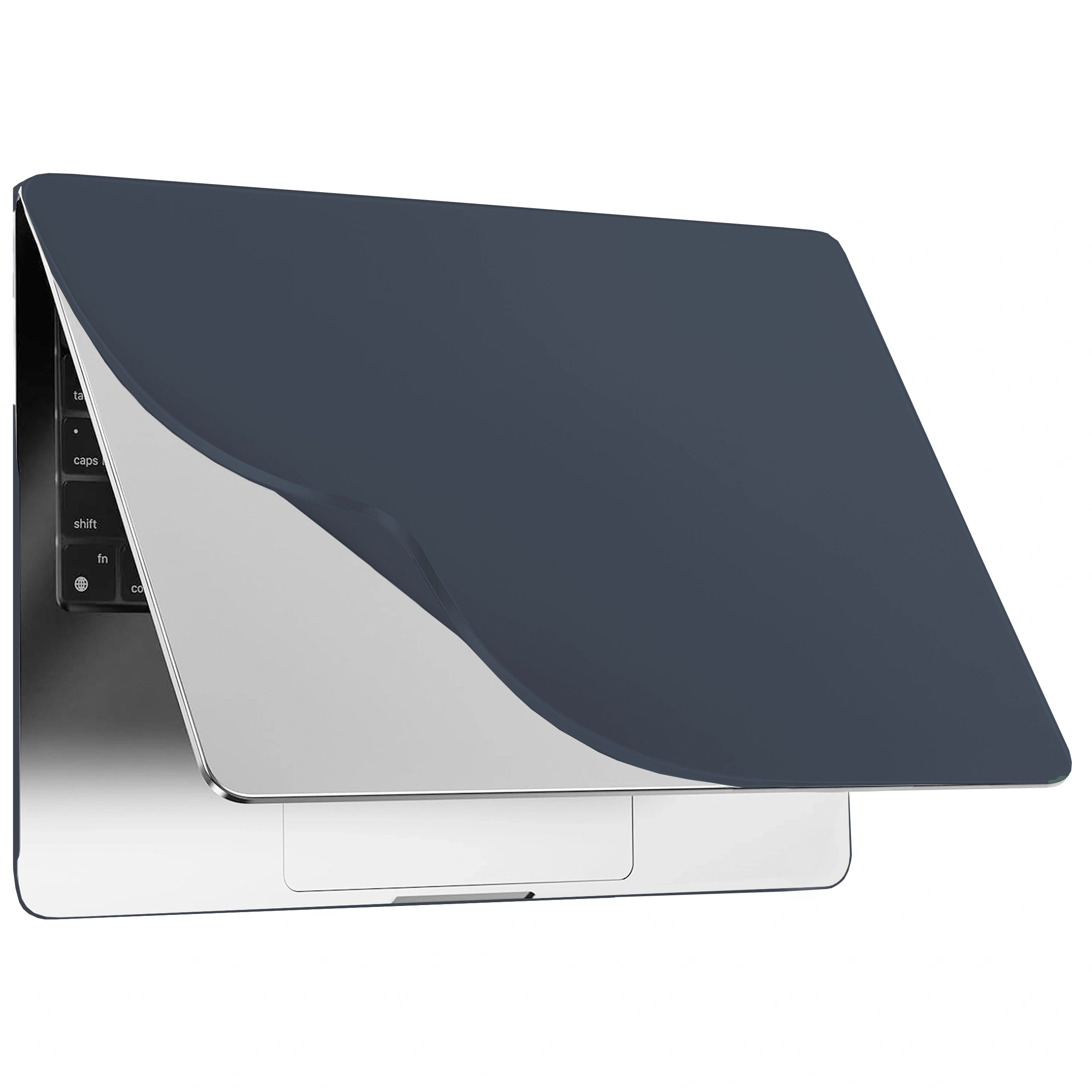 Na obrazie widoczny jest laptop z otwartą pokrywą, na której znajduje się granatowe, matowe etui. Klawiatura laptopa jest częściowo widoczna.