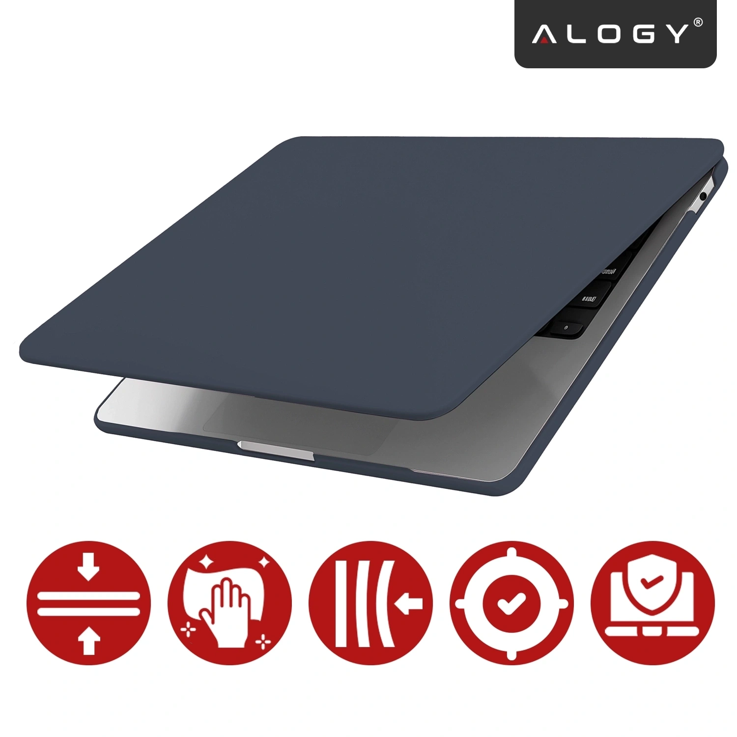 Granatowe etui na laptopa z matowym wykończeniem, częściowo otwarte, z widoczną klawiaturą. Na górze logo \'ALOGY\', poniżej pięć czerwonych ikon symbolizujących różne cechy produktu.