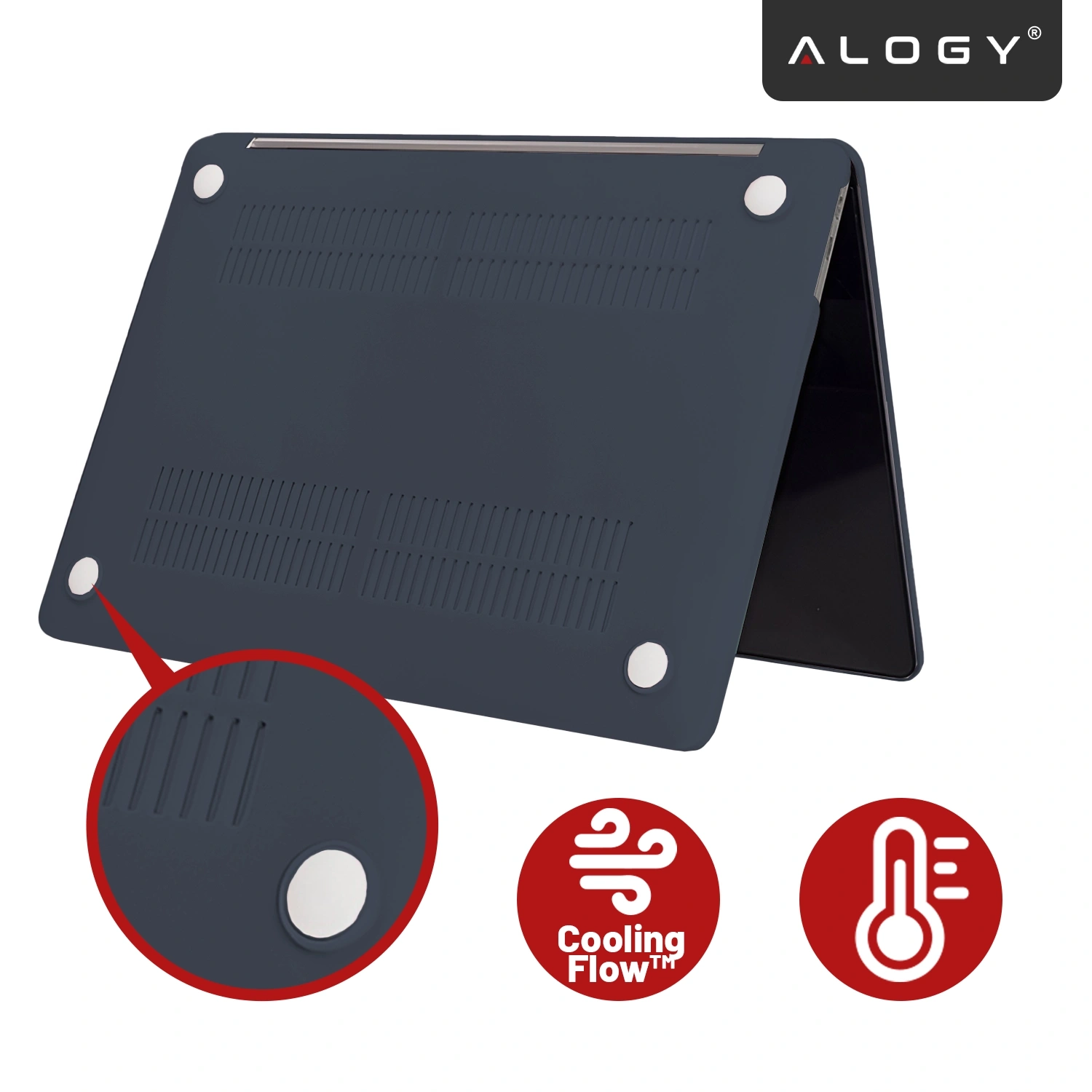 Granatowe etui na laptopa z logo \'ALOGY\', posiada otwory wentylacyjne i okrągłe podkładki. Obok widoczne są ikony z napisami \'Cooling Flow™\'.