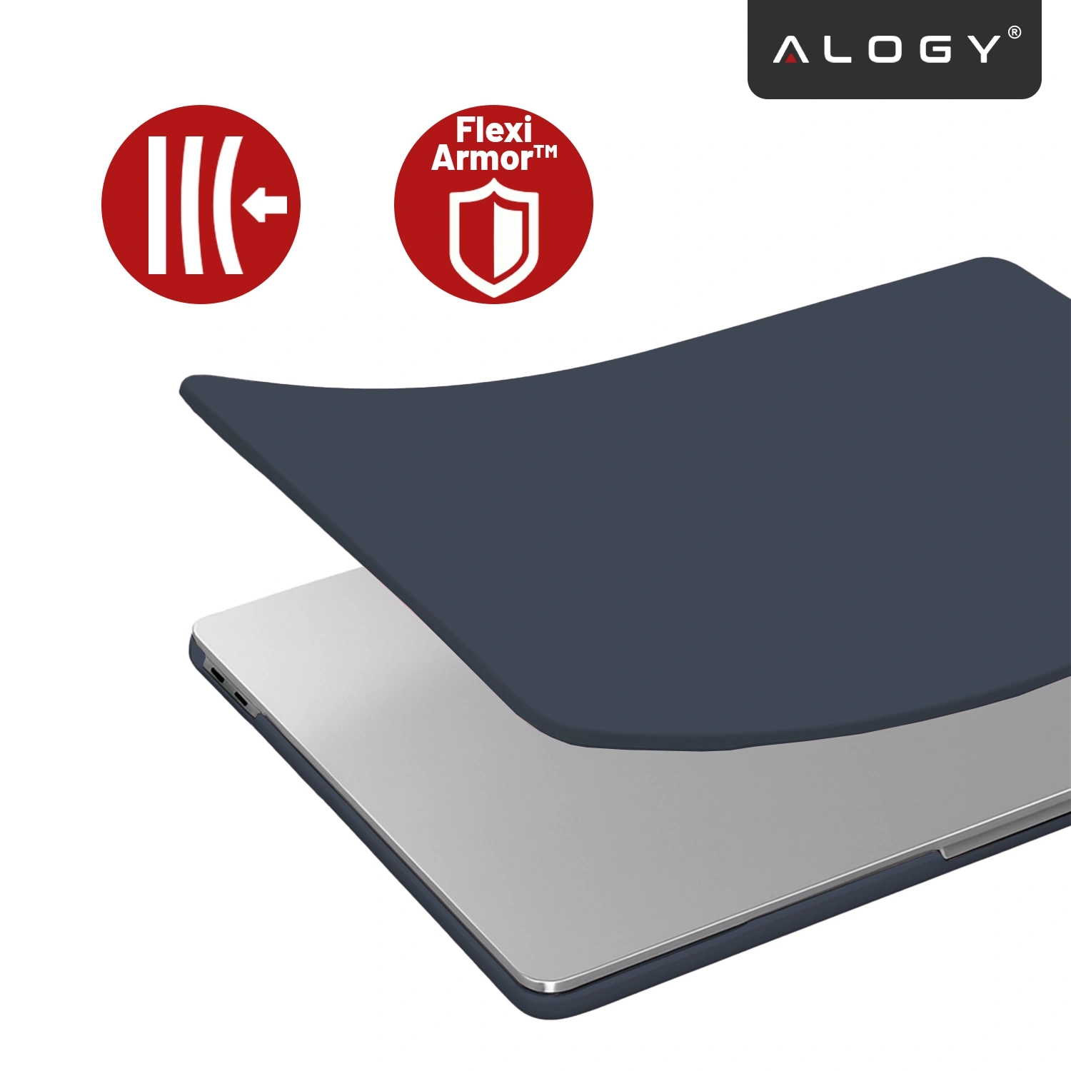 Na obrazie widoczne jest granatowe etui ochronne na laptopa, unoszące się nad urządzeniem. Obok znajdują się dwa czerwone symbole: jeden z trzema strzałkami i drugi z tarczą oraz napisem \'Flexi Armor™\'.