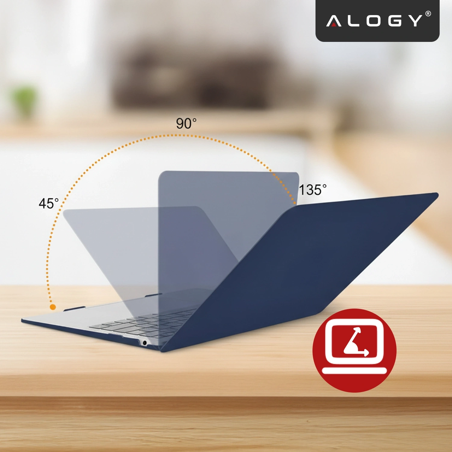 Na drewnianym blacie znajduje się otwarty laptop w granatowym etui, z zaznaczonymi kątami otwarcia 45°, 90° i 135°. W prawym górnym rogu widoczne jest logo \'ALOGY\'.