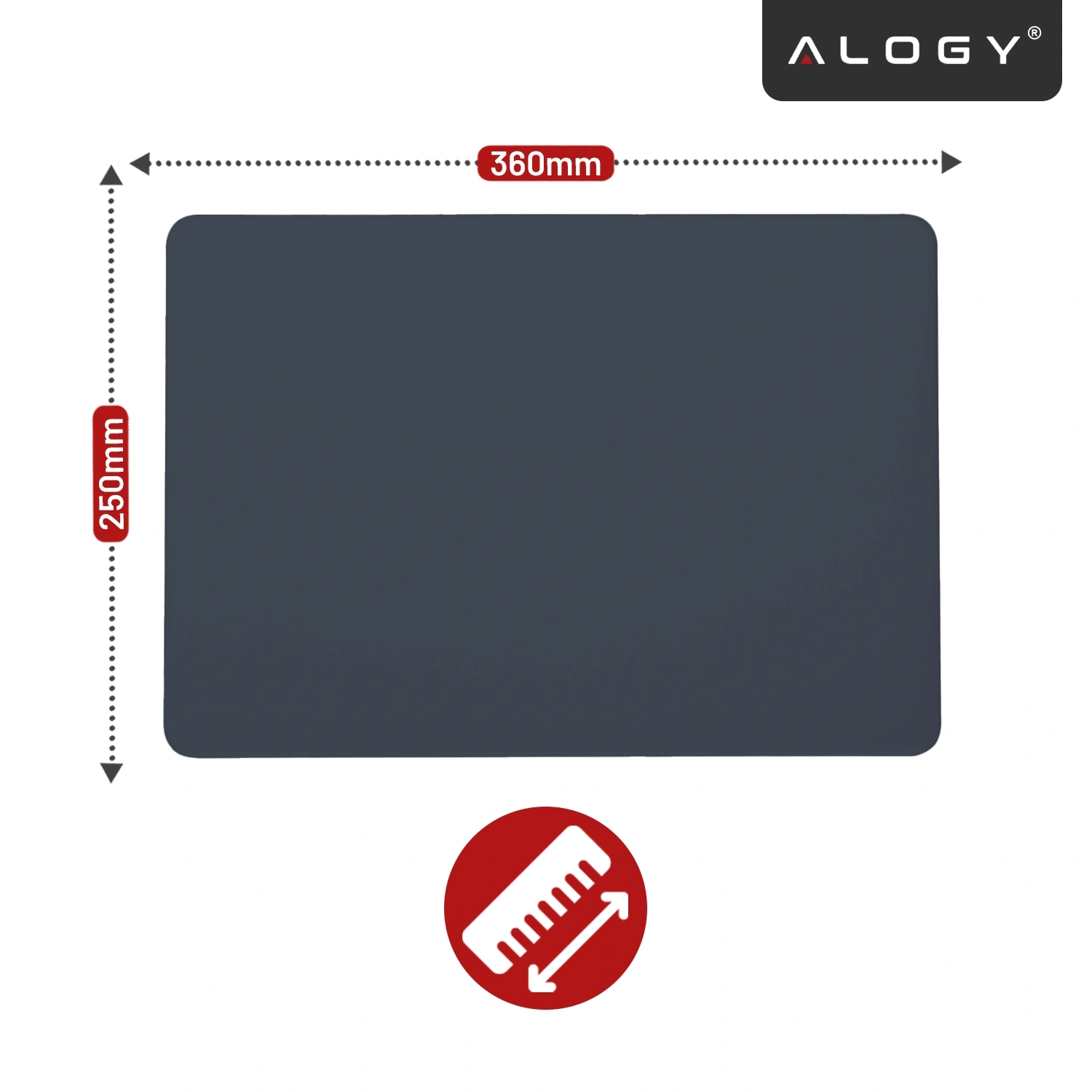 Granatowe etui o wymiarach 360mm na 250mm z logo \'ALOGY\' w rogu. Na dole znajduje się ikona z czerwoną linijką wskazującą wymiary.