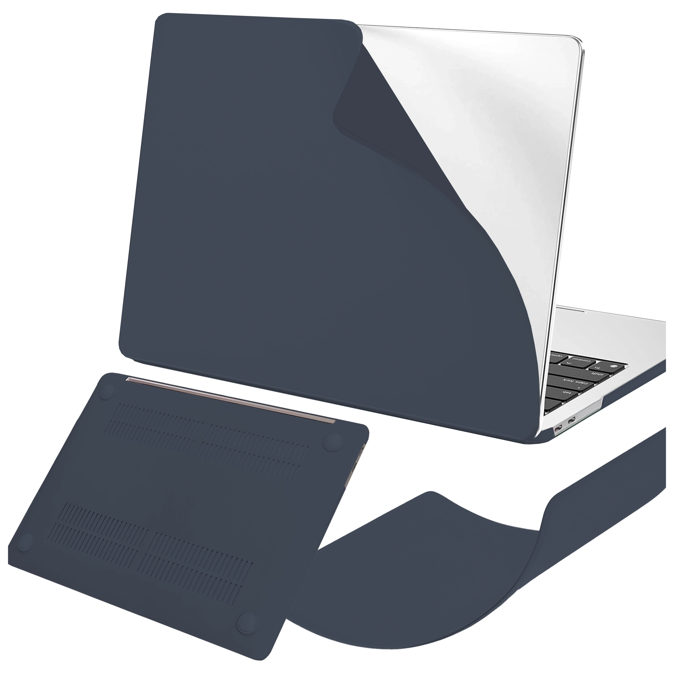 Granatowe etui na laptopa, pokazane na otwartym MacBooku, z elastyczną, matową powierzchnią. Widoczna jest również dolna część etui z otworami wentylacyjnymi.