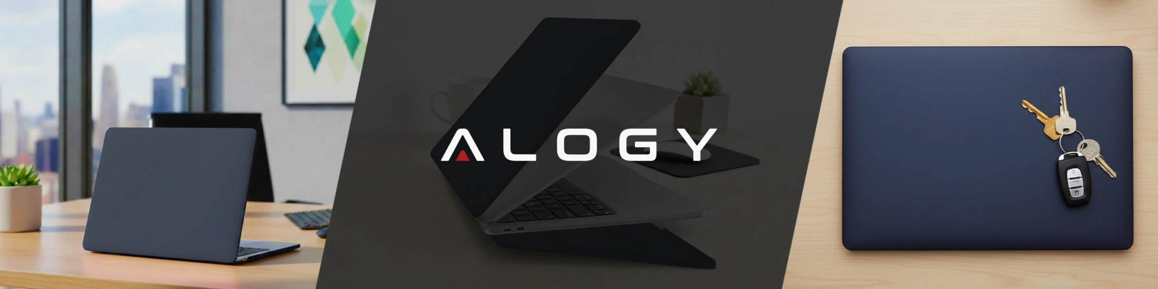 Obraz przedstawia trzy ujęcia granatowego etui na laptopa. Na środku widoczne jest logo \'ALOGY\'.