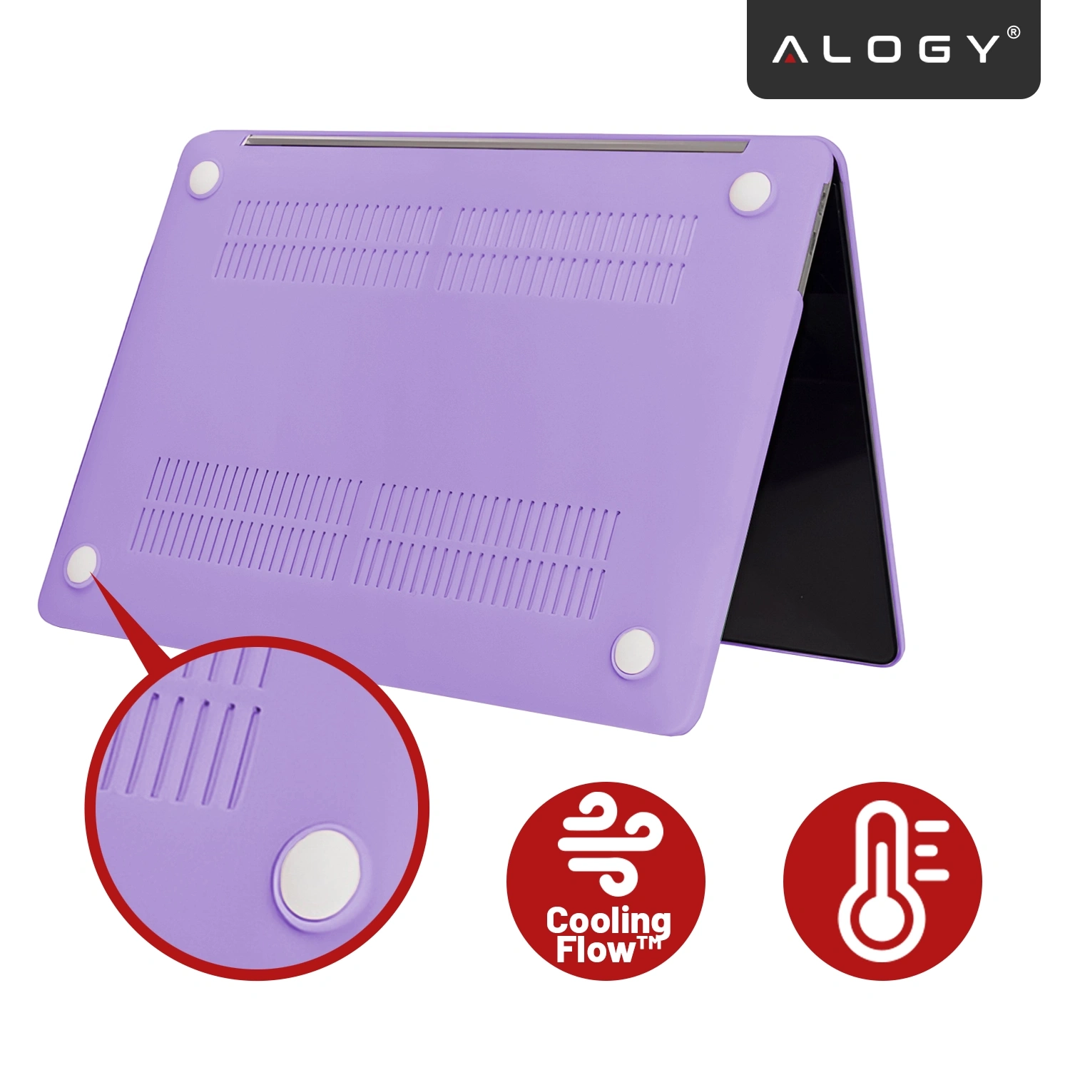 Fioletowe etui na laptopa z widocznymi otworami wentylacyjnymi i białymi podkładkami antypoślizgowymi. Logo \'ALOGY\' znajduje się w górnym rogu, a poniżej widoczne są ikony z napisami \'Cooling Flow™\'.