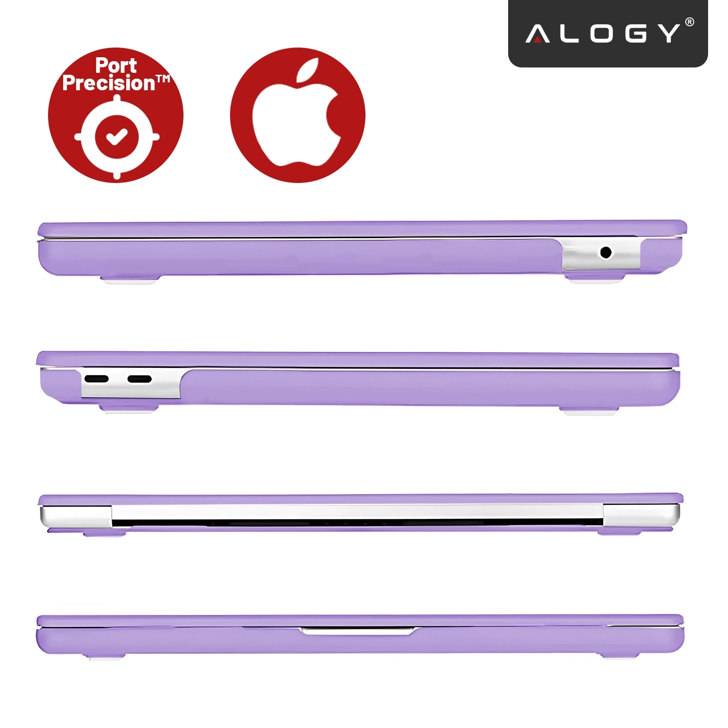 Obraz przedstawia fioletowe etui na laptopa w czterech różnych ujęciach bocznych. Widoczne są również dwa czerwone symbole: \'Port Precision™\' oraz logo w kształcie jabłka, a w prawym górnym rogu znajduje się logo \'ALOGY\'.