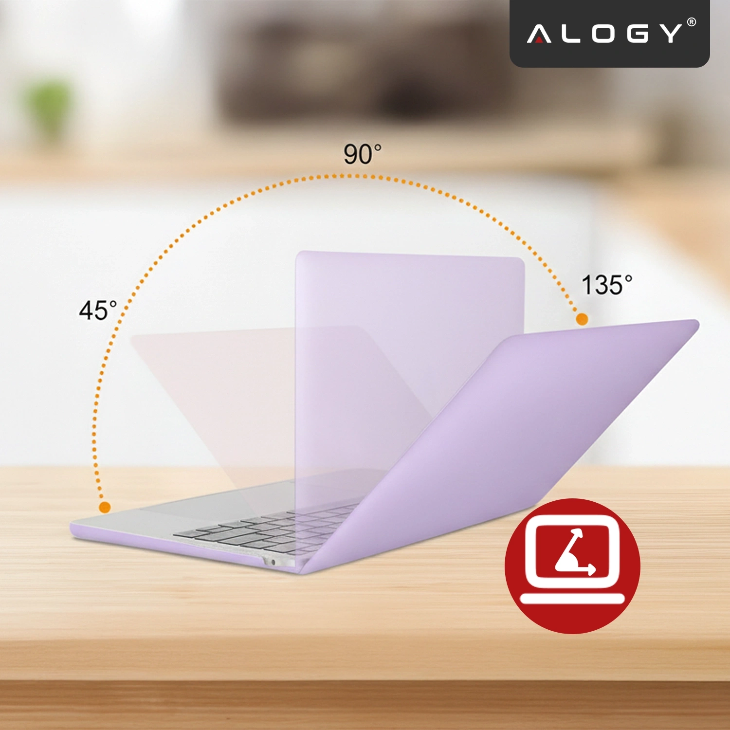 Na obrazie widoczny jest laptop w fioletowym etui, ustawiony na drewnianym blacie, z zaznaczonymi kątami otwarcia 45°, 90° i 135°. W prawym górnym rogu znajduje się logo \'ALOGY\'.