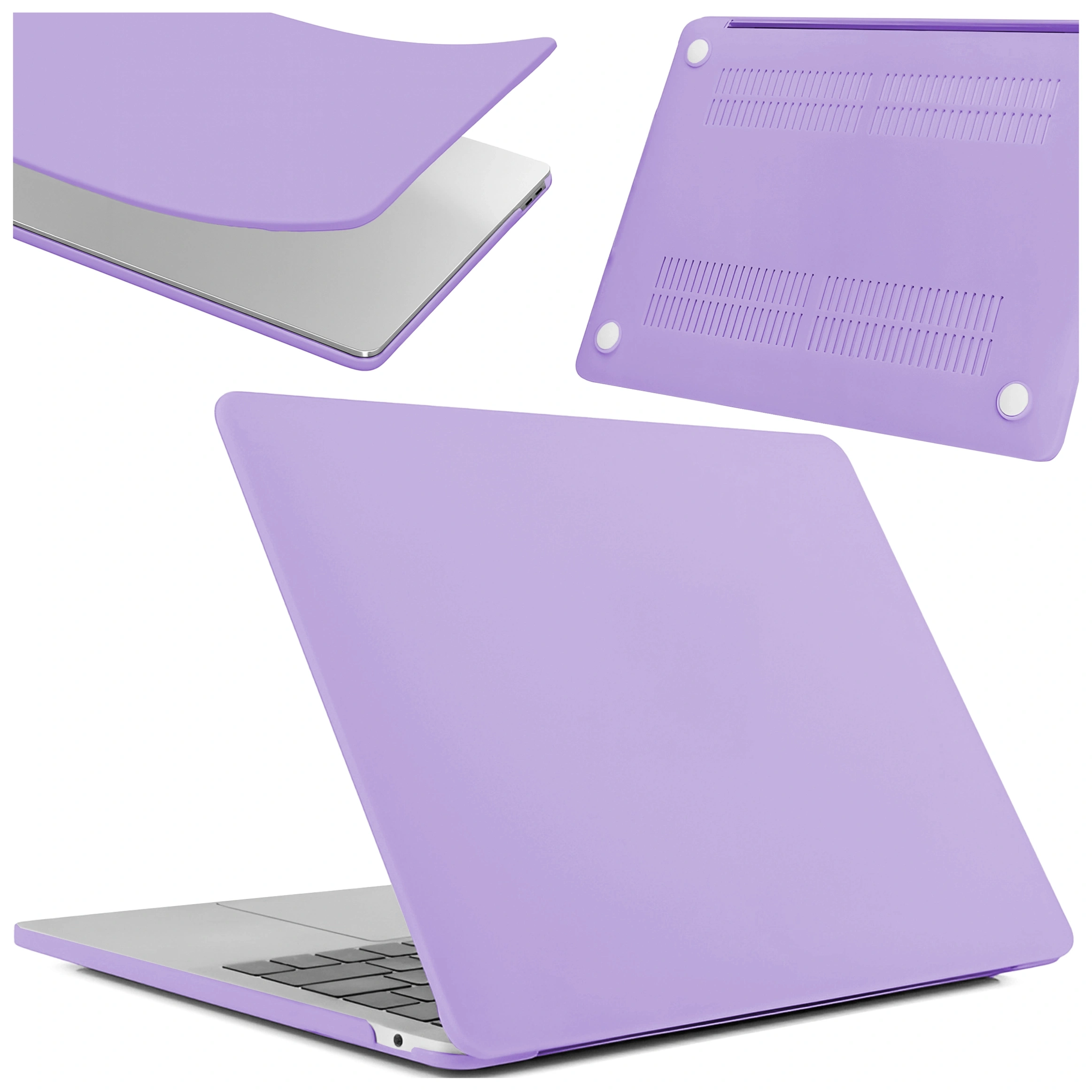 Na obrazie widoczne jest fioletowe etui na laptopa, składające się z dwóch części: górnej i dolnej, z otworami wentylacyjnymi. Etui jest matowe i elastyczne, przeznaczone do ochrony przed zarysowaniami.
