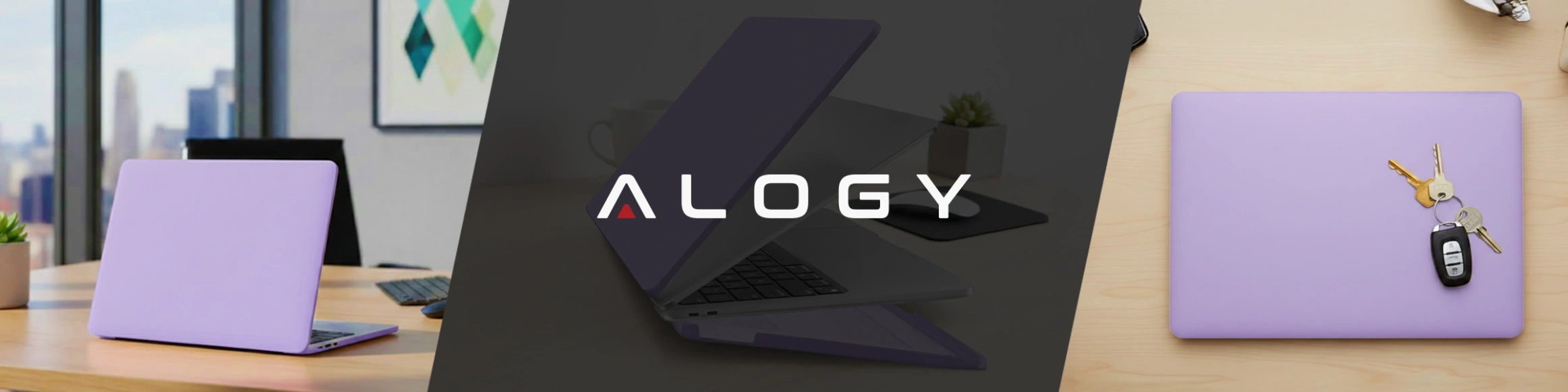 Obraz przedstawia trzy ujęcia fioletowego etui na laptopa, z logo \'ALOGY\' na środku. Na jednym z ujęć etui leży na biurku obok kluczy.