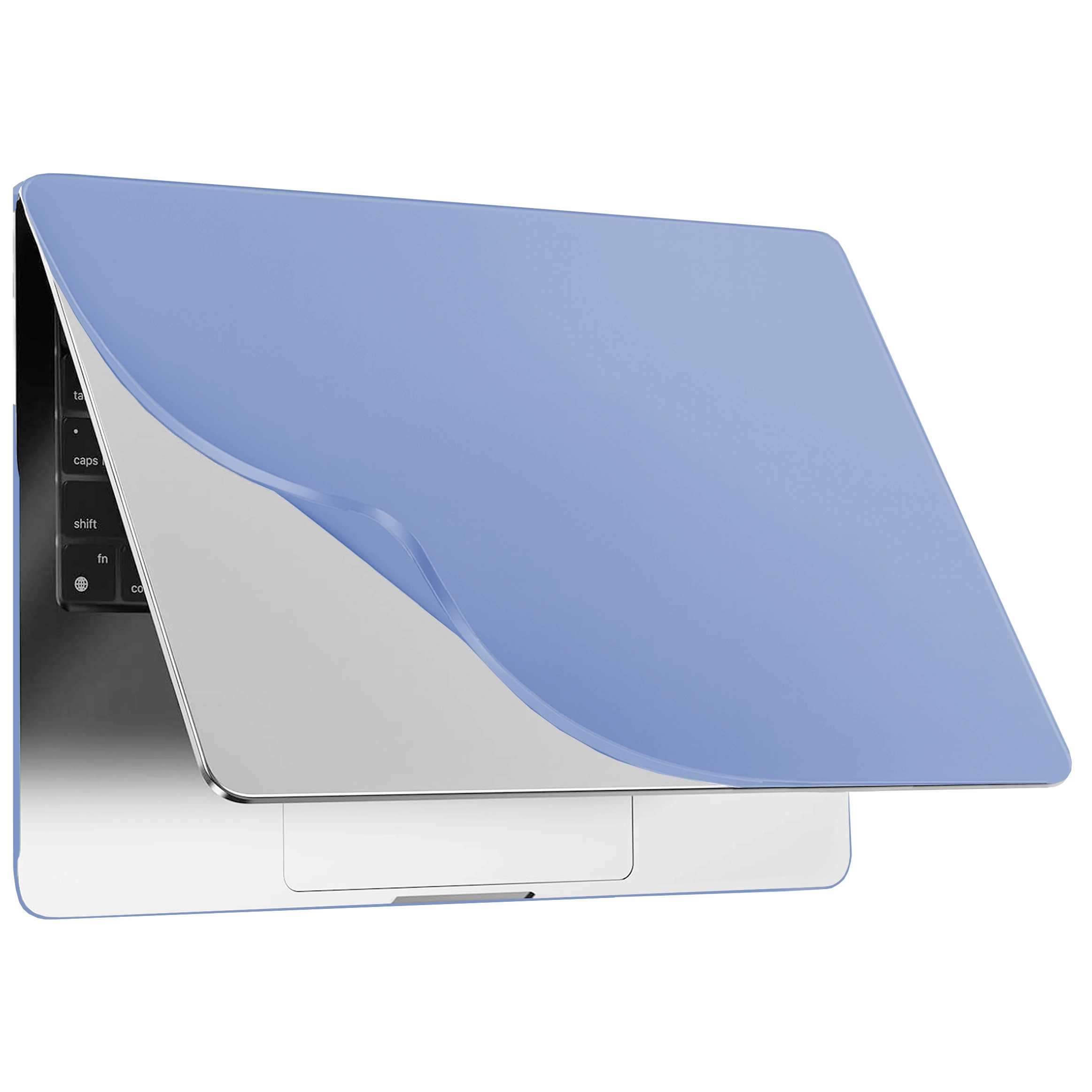 Na obrazie widoczny jest laptop z nałożonym elastycznym, matowym etui w kolorze lawendowym. Etui jest lekko uniesione, ukazując fragment klawiatury.