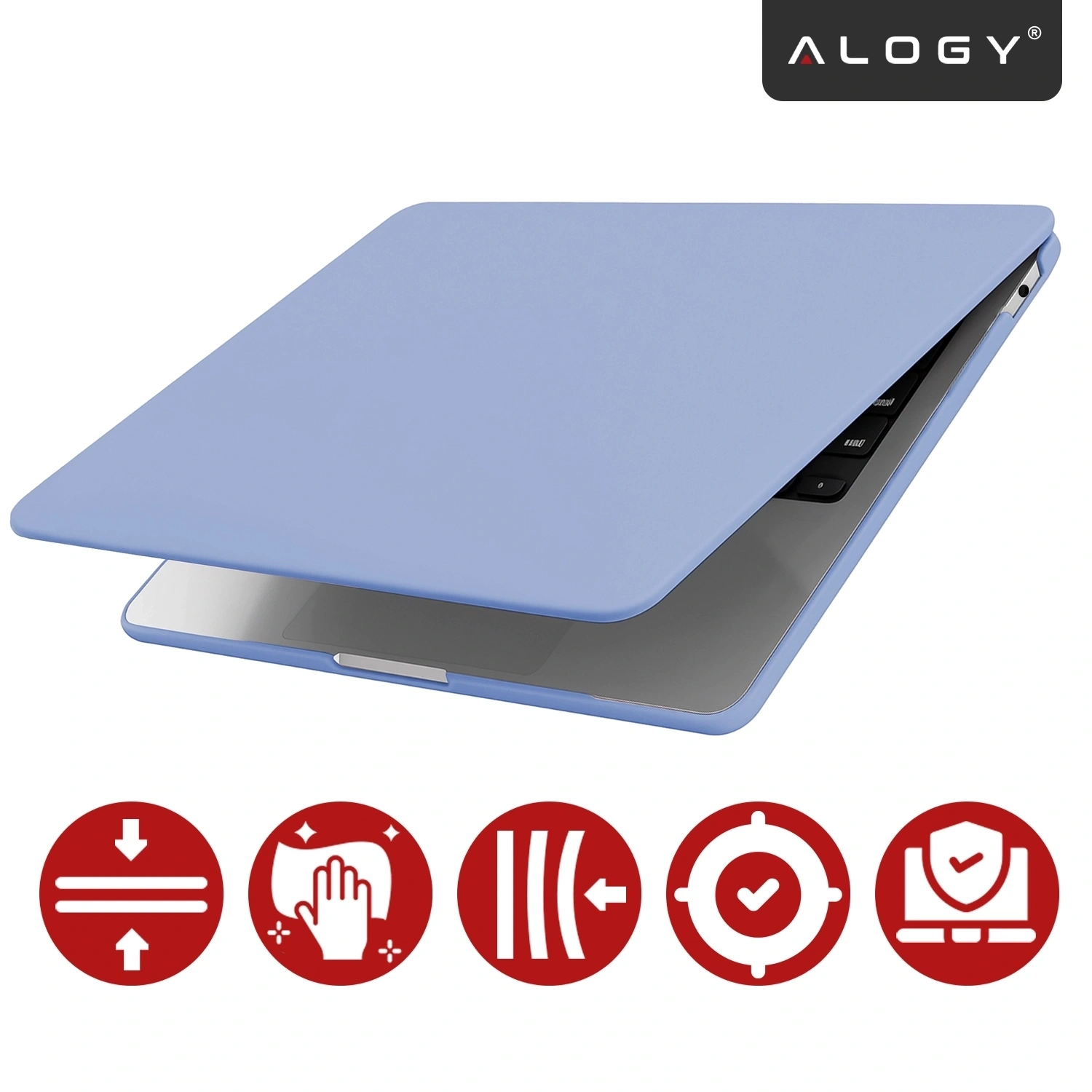 Na obrazie widoczne jest lawendowe etui na laptopa, częściowo otwarte, z logo \'ALOGY\' w rogu. Pod etui znajdują się ikony symbolizujące różne cechy produktu, takie jak odporność na zarysowania i elastyczność.