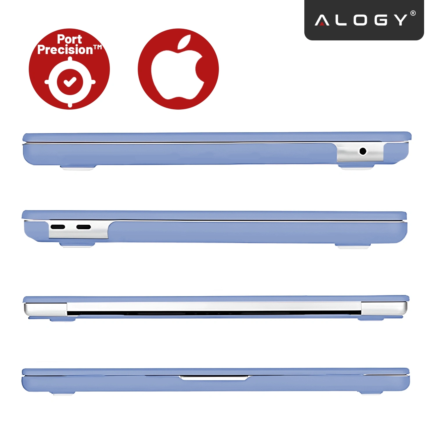 Obraz przedstawia lawendowe etui ochronne na laptopa, widoczne z różnych stron. Na górze znajdują się dwa czerwone symbole: \'Port Precision™\' i logo Apple, a w prawym górnym rogu logo \'ALOGY\'.