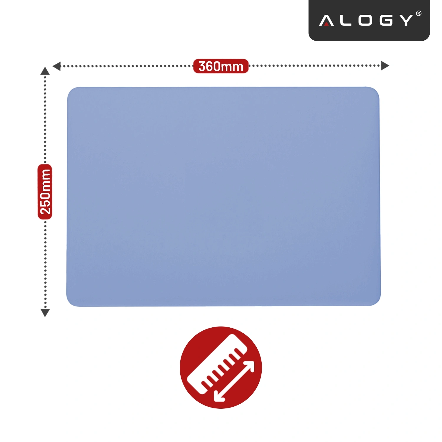 Na obrazie widoczne jest lawendowe etui o wymiarach 360mm na 250mm. W prawym górnym rogu znajduje się logo \'ALOGY\'.